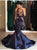 Mermaid Halter  Satin Navy Blue Prom Dresses with Lace