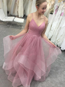 V Neck Ruffles Sleeveless Prom Dresses