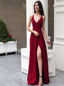 Red V Neck Chiffon Slit Floor Length A Line Prom Dresses