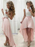 A Line Jewel Sleeveless High Low Pearl Pink Chiffon Prom Dress With Lace Top LBQ1610