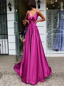 A Line Straps V Neck Satin Pleats Prom Dresses 