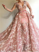 Sweep Train Pink Evening Dresses with Appliques 