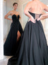 A Line Sweetheart Lace Up Black Satin Prom Dresses with Slit LBQ2136