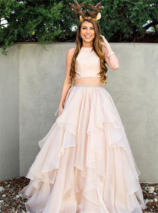 A Line Two Piece Scoop Pearl Pink Chiffon Beadings Prom Dresses 
