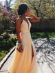 A Line Spaghetti Straps V Neck Pale Yellow Chiffon Prom Dresses