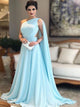 A Line One Shoulder Sweep Train Prom Dresses with Pleats