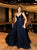 A Line V Neck Dark Blue Satin Sweep Train Prom Dresses