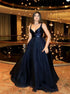 A Line V Neck Dark Blue Satin Sweep Train Prom Dress LBQ0829