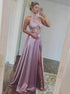 A Line Halter Satin Appliques Prom Dress with Slit LBQ2633