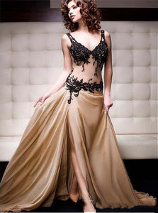 A Line Lace Appliques Chiffon V Neck Prom Dresses