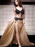 A Line Lace Appliques Chiffon V Neck Prom Dresses with Slit LBQ2374