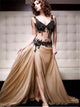 A Line Lace Appliques Chiffon V Neck Prom Dresses