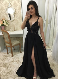 A Line Spaghetti Straps V Neck Black Chiffon Prom Dresses