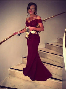 Mermaid Off The Shoulder Burgundy Prom Dresses With Applique