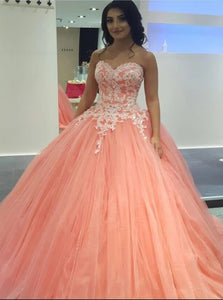 Peach Lace Appliques Prom Dresses 
