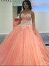 Peach Lace Appliques Ball Gowns Pleated Tulle Prom Dresses LBQ1770