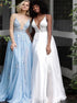 A Line V Neck Tulle Appliques Open Back Prom Dress LBQ2985