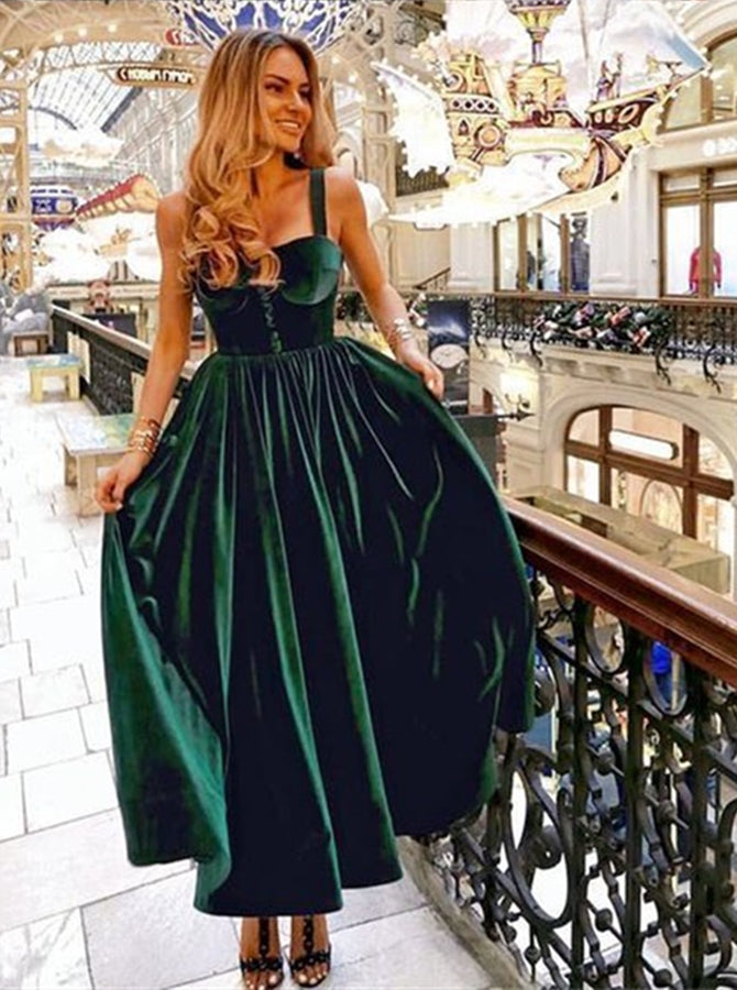 A Line Spaghetti Straps Dark Green Velvet Prom Dresses | Alinepromdress A Line Spaghetti Straps Dark Green Velvet Prom Dresses | Alinepromdress