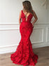 Spaghetti Straps V Neck Lace Mermaid Prom Dress LBQ2478