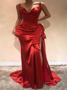 Mermaid Spaghetti Straps Sweetheart Red Satin Prom Dresses