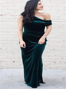 Off the Shoulder Sheath Emerald Green Velvet Prom Dresses