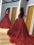 Ball Gown V Neck Burgundy Sequins Prom Dresses LBQ2393