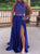 A Line Halter Blue Beading Slit Satin Prom Dresses