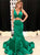 Two Pieces Emerald Green Satin Mermaid V Neck Prom Dresses