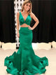 Two Pieces Emerald Green Satin Mermaid V Neck Prom Dresses