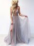 A Line V Neck Tulle Beadings Prom Dress LBQ0967