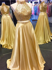 Sweep Train Open Back Golden Evening Dresses