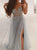 V Neck Straps Grey Slit A Line Beaded Tulle Prom Dresses