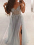 V Neck Straps Grey Slit A Line Beaded Tulle Prom Dresses LBQ2412