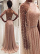 A Line Scoop Long Sleeves Tulle Pink Prom Dresses with Beadings