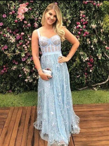 A Line Straps Appliques Tulle Blue Prom Dresses 