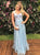 A Line Straps Appliques Tulle Blue Prom Dresses 