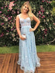 A Line Straps Appliques Tulle Blue Prom Dresses 