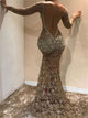 V Neck Sweep Train Open Back Sequins Long Prom Dresses