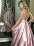 Beaded Satin Ball Gown V Neck Sparkly Long Prom Dresses with Pockets LBQ1847