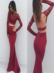 Mermaid Backless Long Sleeve Lace Top Button Satin Prom Dresses