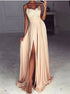 A Line Spaghetti Straps Lace Top Split Satin Prom Dresses LBQ2986