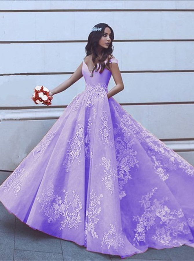 purple floral prom dress V Neck Off Shoulder Ball Gowns Appliques Prom Dresses