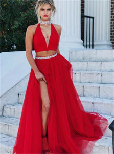 A Line High Neck Red Tulle Beadings Prom Dresses