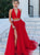 A Line High Neck Red Tulle Beadings Prom Dresses