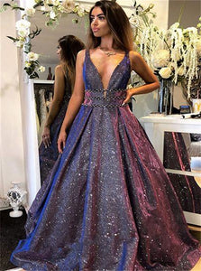 A Line Purple V Neck Satin Open Back Prom Dress LBQ2718
