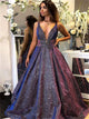 A Line Purple V Neck Satin Open Back Prom Dress LBQ2718