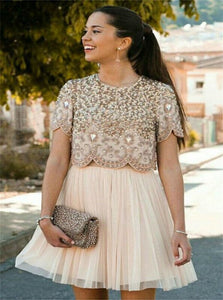 Two Piece Short Sleeve Chiffon Round Neck Prom Dresses