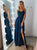 A Line V Neck Lace Long Blue Chiffon Prom Dresses 