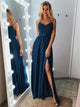 A Line V Neck Lace Long Blue Chiffon Prom Dresses 