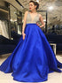 A Line V Neck Low Cut Royal Blue Satin Prom Dress With Beading LBQ3134